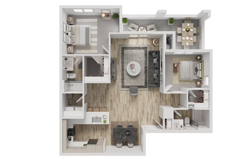 A 3D rendered image of a house layout.